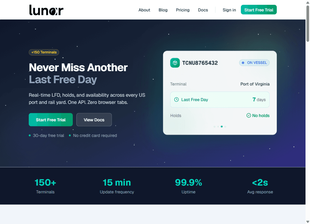 Lunar — LFD tracking dashboard showing container status, terminal data, and Last Free Day monitoring